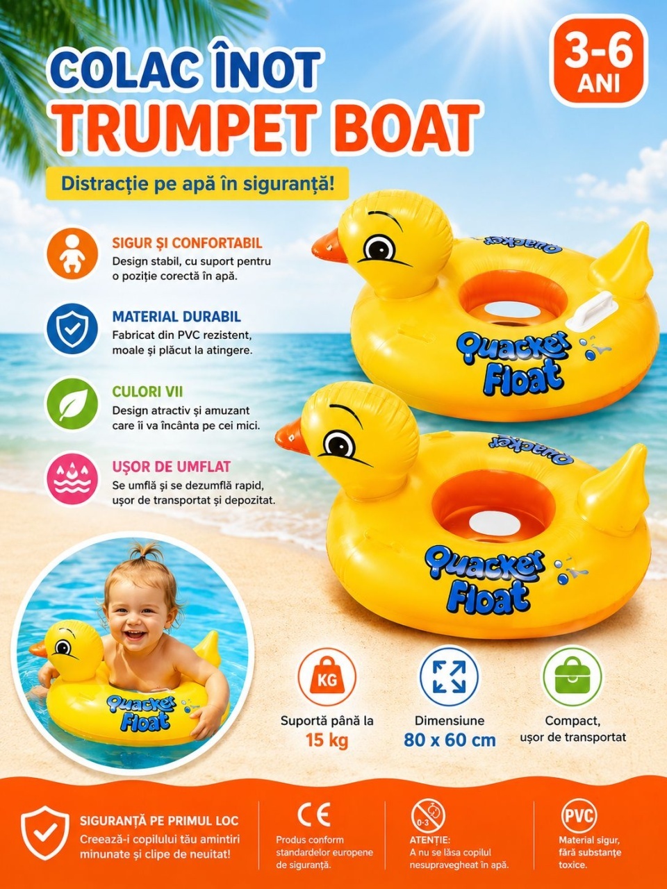 Colac Gonflabil Rățușcă pentru Copii 80x60 cm – Colac Înot cu Mânere, Model Duck Float 2