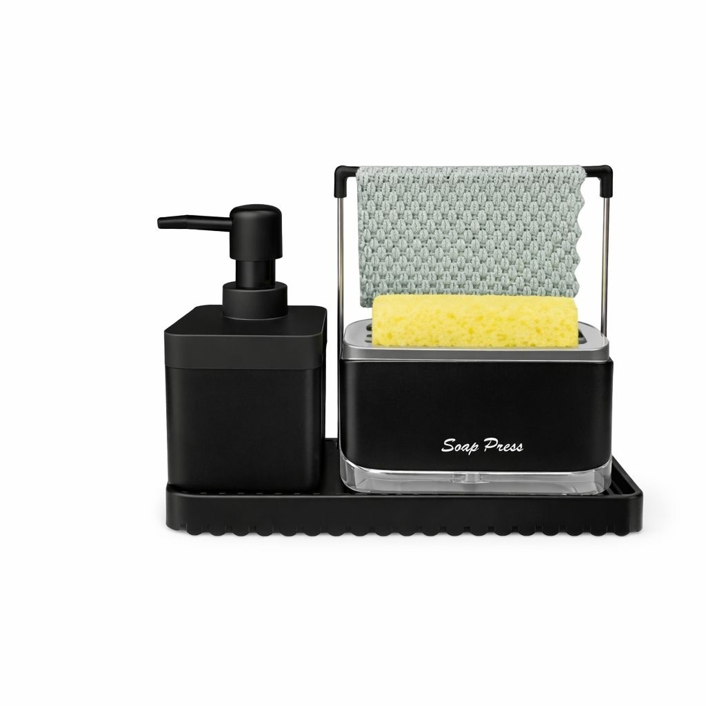 Dozator detergent vase 3 în 1 cu suport burete și organizator pentru chiuvetă