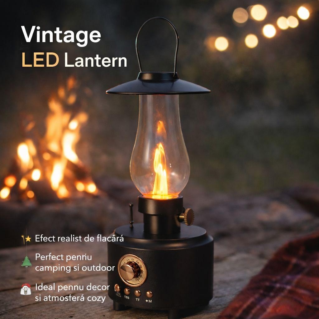 Felinar LED vintage cu efect flacara realist, reincarcabil, decor ambient si camping, culoare negru 2