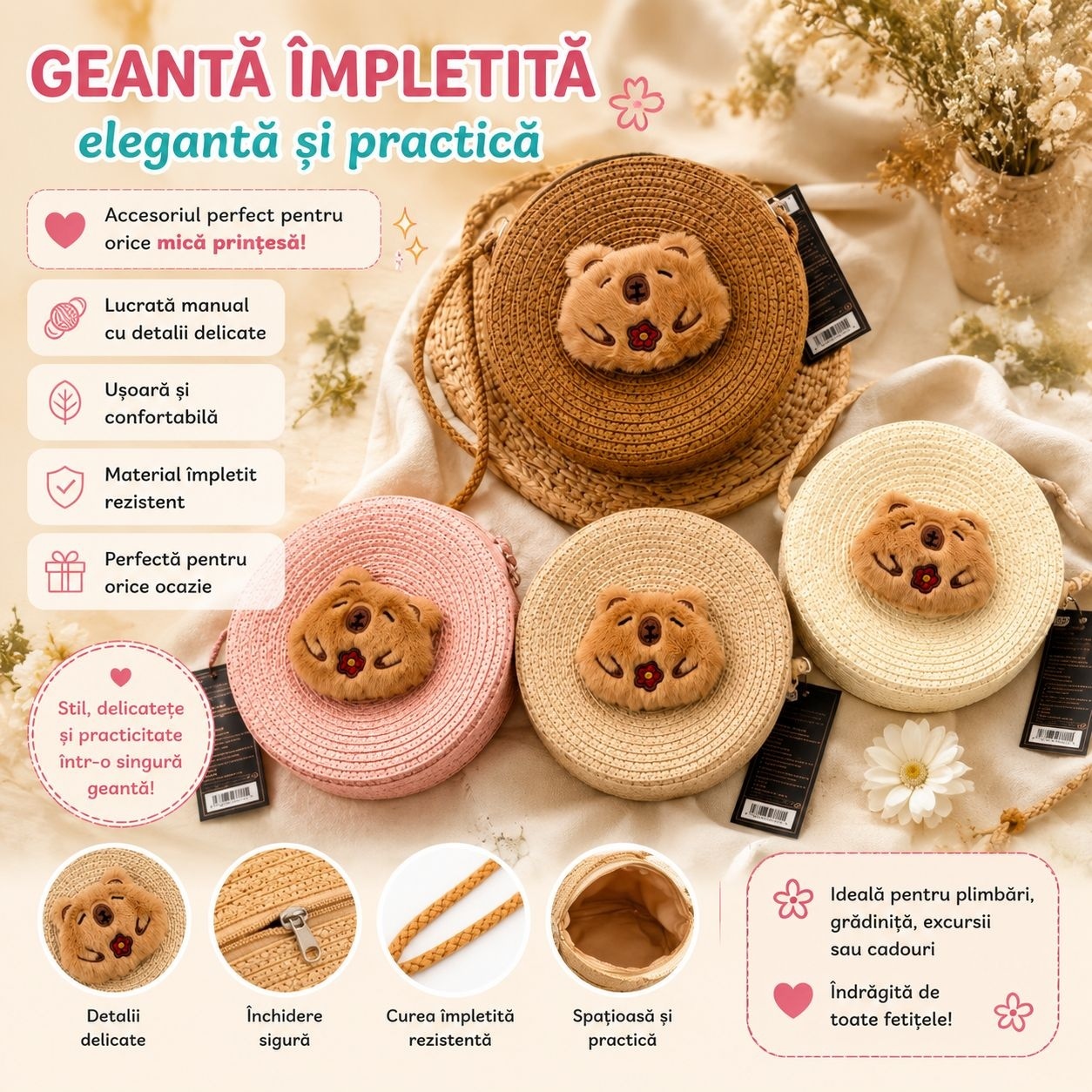 Geanta Impletita pentru Copii cu Animalut Pufos - Model Aleatoriu 2