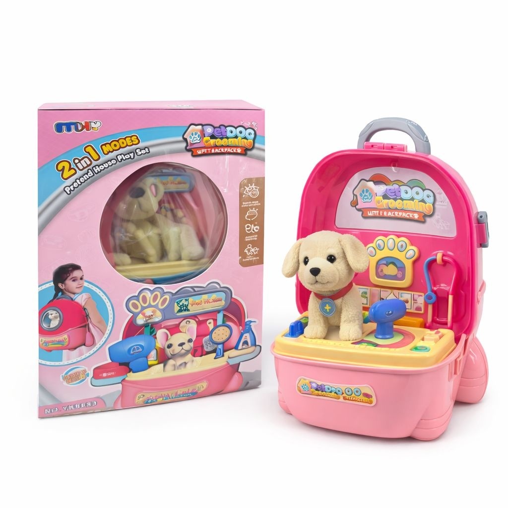 Ghiozdan jucarie 2 in 1, salon ingrijire animale cu catel, 32.6cm 2