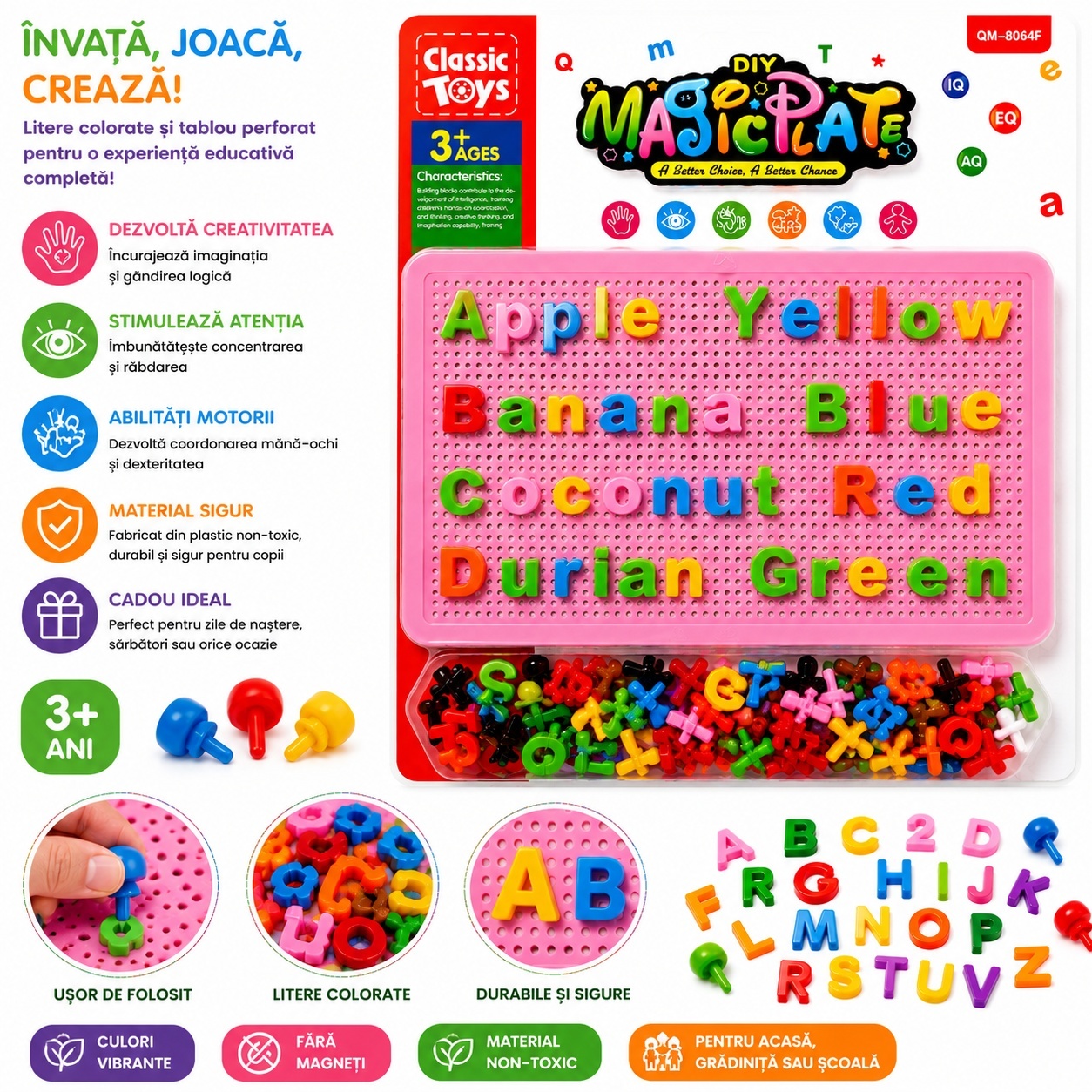 Joc Educativ pentru Copii cu Pioni și Litere Colorate – Tablă Roz Perforată, 3+ Ani 2