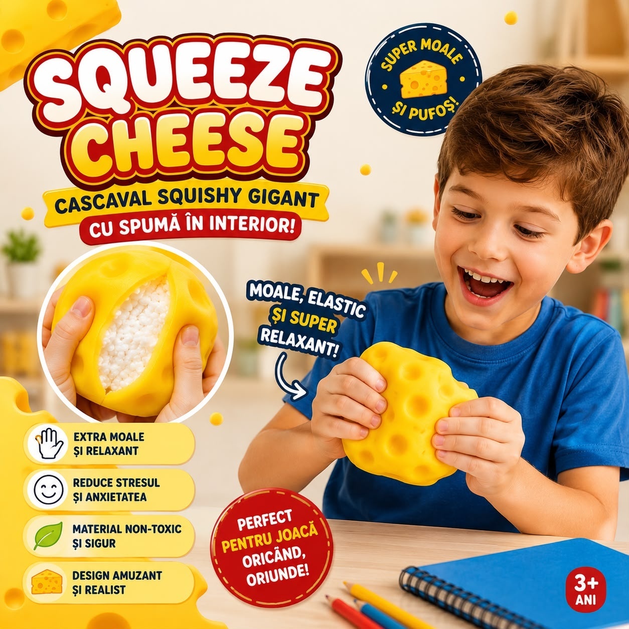 Jucărie Antistres Squishy Cașcaval cu Spumă, 10 cm, Super Moale, Senzorială, pentru Copii și Adulți