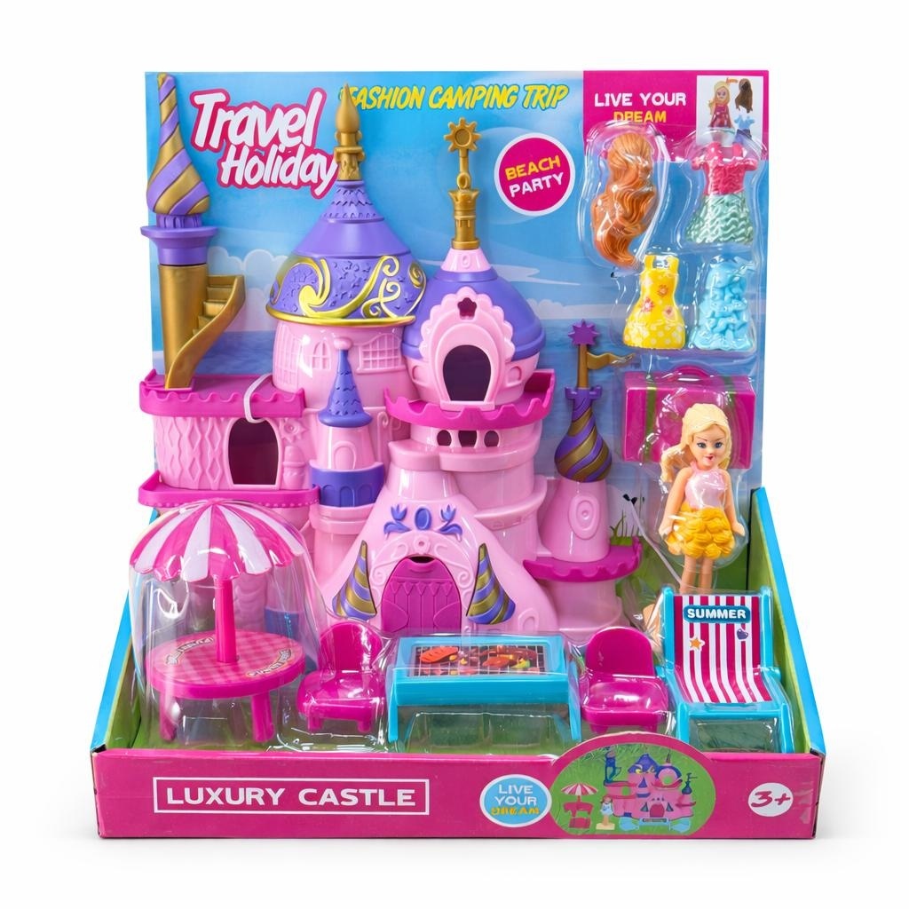 Jucarie castel pentru fete cu papusa si accesorii camping, haine incluse, 21 cm