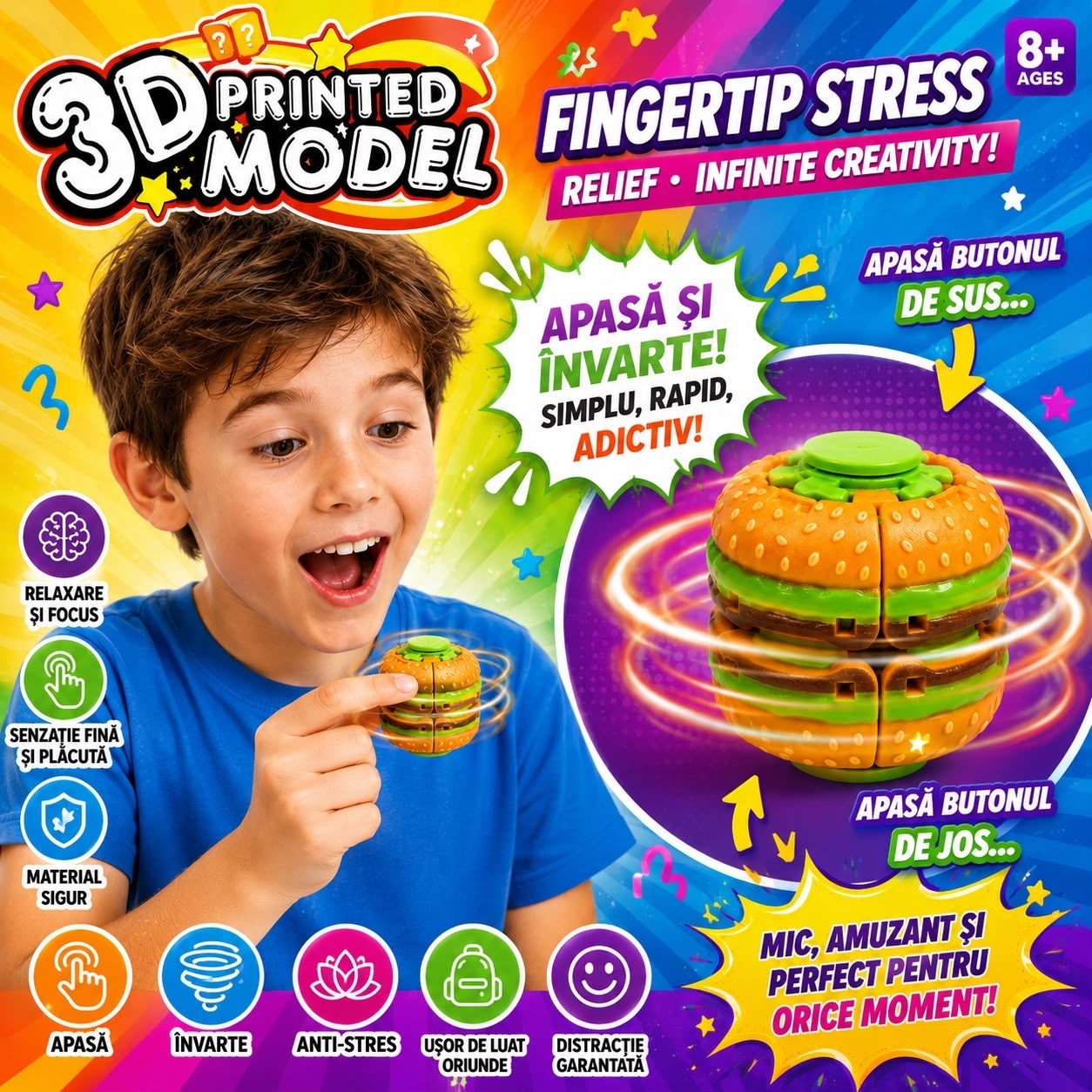 Jucărie Spinner Antistres Hamburger 3D, Fingertip Stress, Fidget Toy Rotativ cu Buton, pentru Copii și Adulți 4