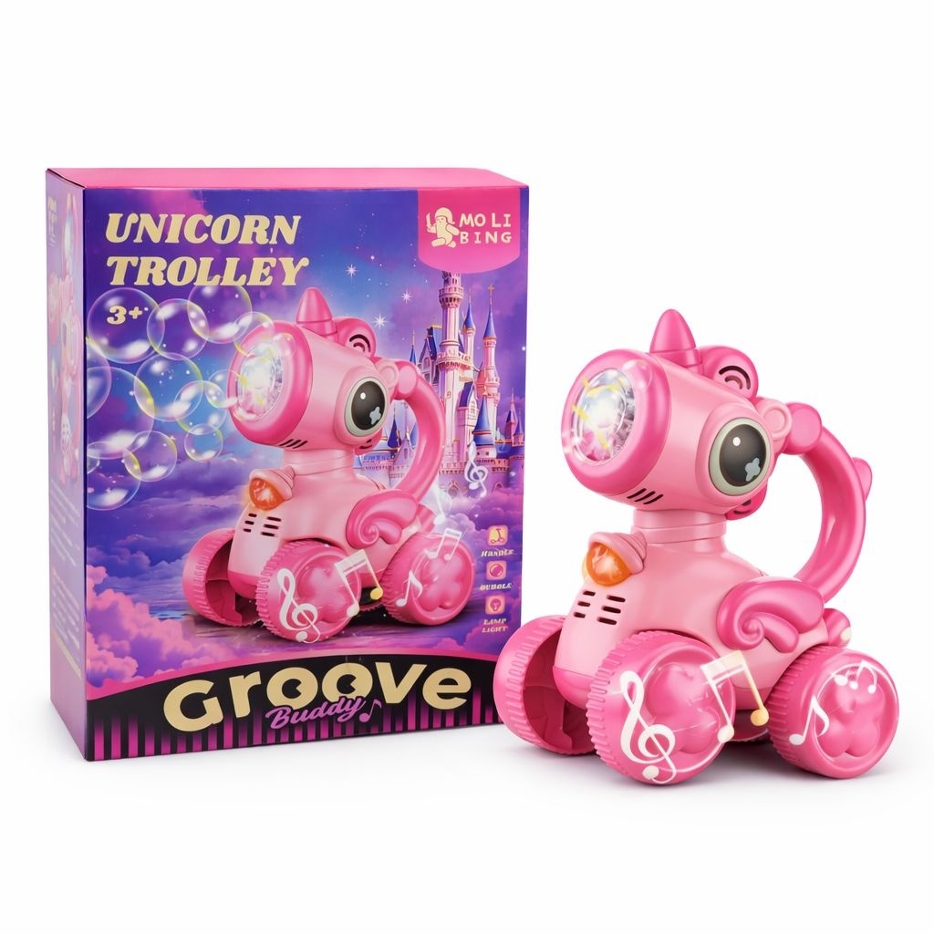 Jucarie unicorn cu roti, muzica, lumini si baloane de sapun, acumulator inclus, roz