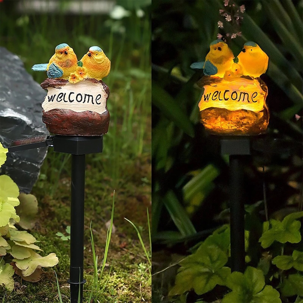 Lumină solară decorativă pentru grădină, plastic, cu semn 'Welcome', păsări colorate, 9.5 x 12.5 x 39.3 cm 3