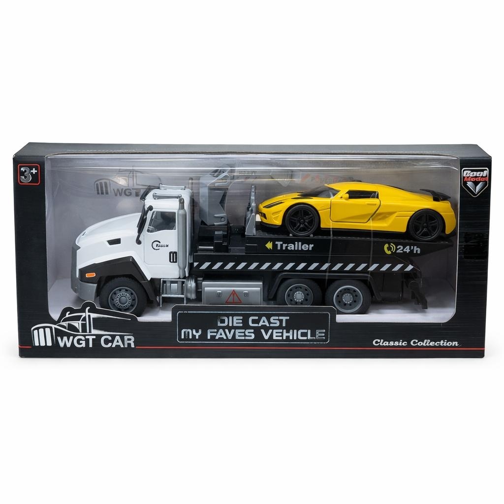 Masina de tractari cu masina sport galbena, metal die-cast, functie pull back, 26.5cm