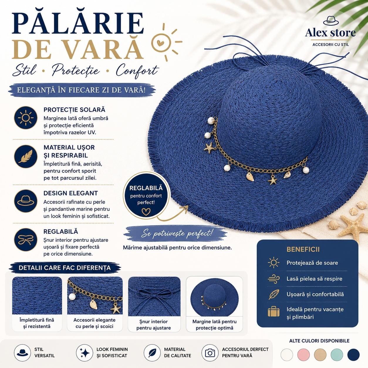 Pălărie Damă Albastru de Vară cu Bor Lat, Franjuri Decorative și Accesorii cu Perle 2