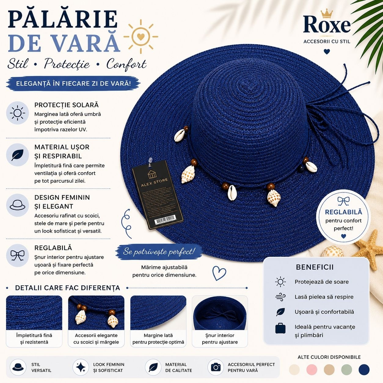 Pălărie Damă de Vară Albastru Marin cu Scoici și Mărgele Decorative – Bor Lat, Reglabilă, Protecție UV 2
