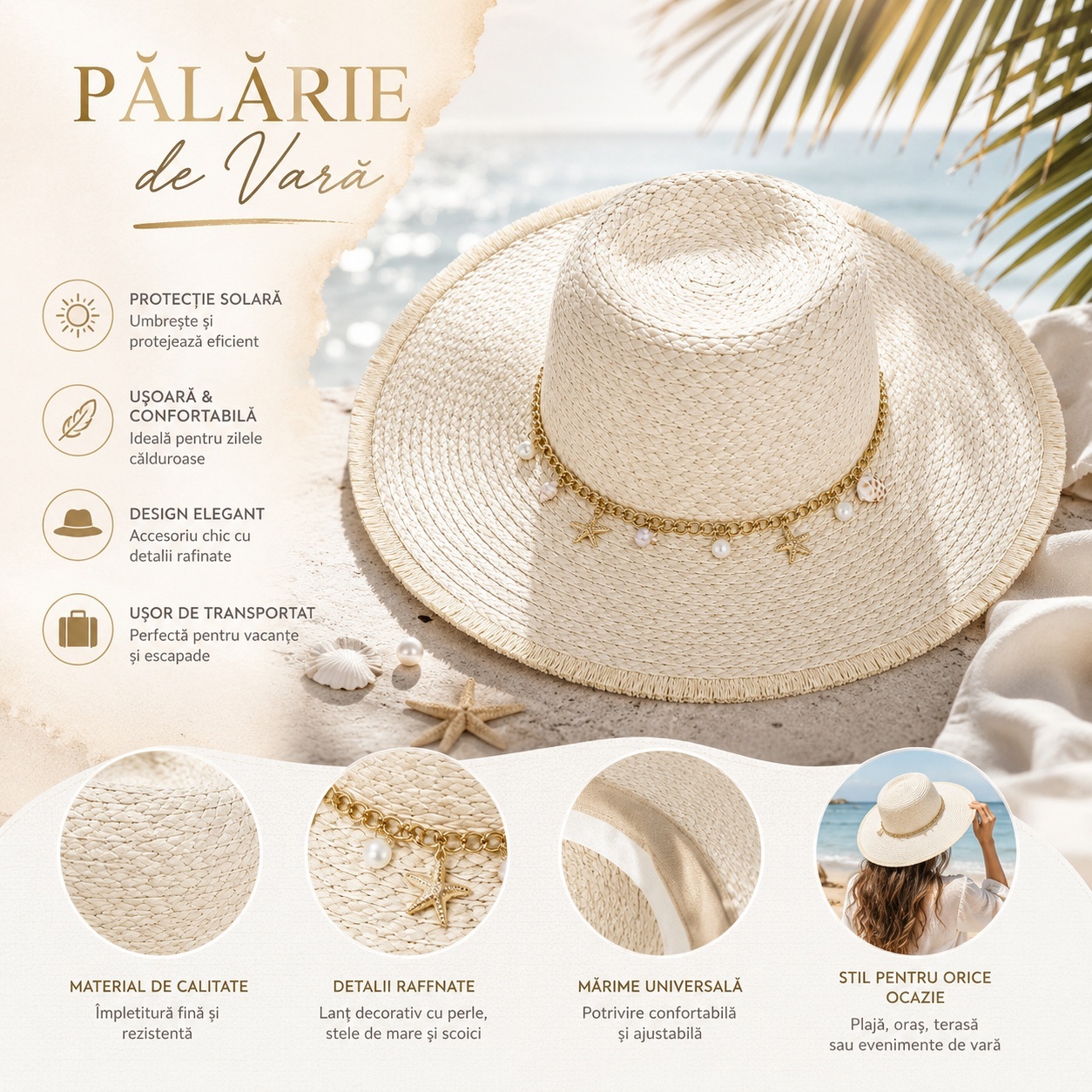 Pălărie Damă de Vară Bej cu Bor Lat și Lanț Decorativ cu Perle și Scoici – Elegantă, Protecție UV 2