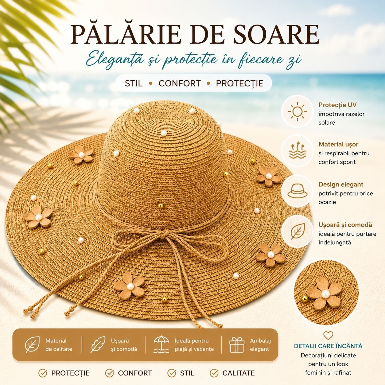 Palarie de Soare Bej cu Flori Decorative si Perlute pentru Plaja si Vacante 2