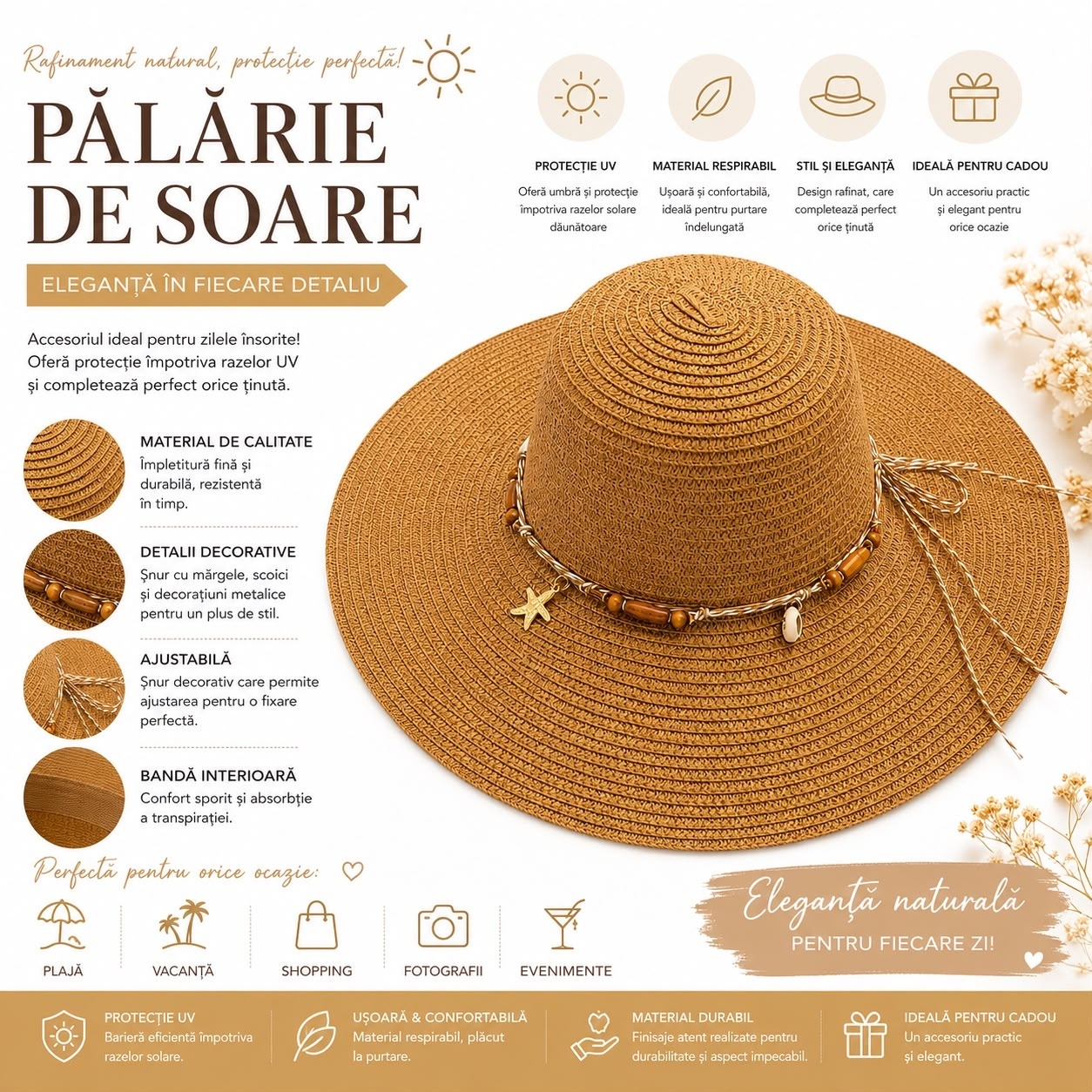 Pălărie de Soare Damă Maro Camel cu Bor Lat și Șnur Decorativ cu Mărgele și Scoici 2