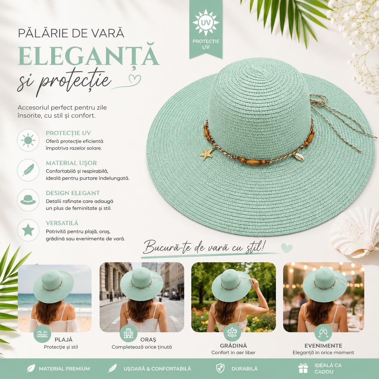 Pălărie de Soare Damă Verde Mentă cu Bor Lat și Accesorii Decorative – Elegantă 2