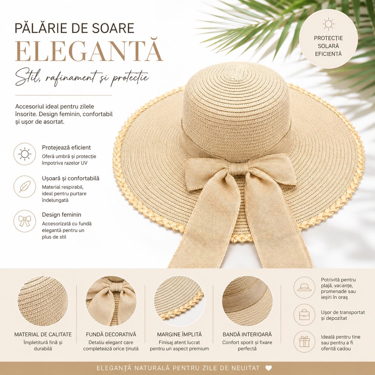Palarie de Soare pentru Dama Bej cu Boruri Largi si Funda Eleganta 2