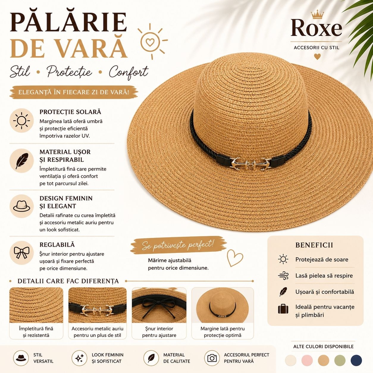 Pălărie de Vară Damă Bej cu Bor Lat și Curea Decorativă – Pălărie Elegantă pentru Plajă și Soare 2