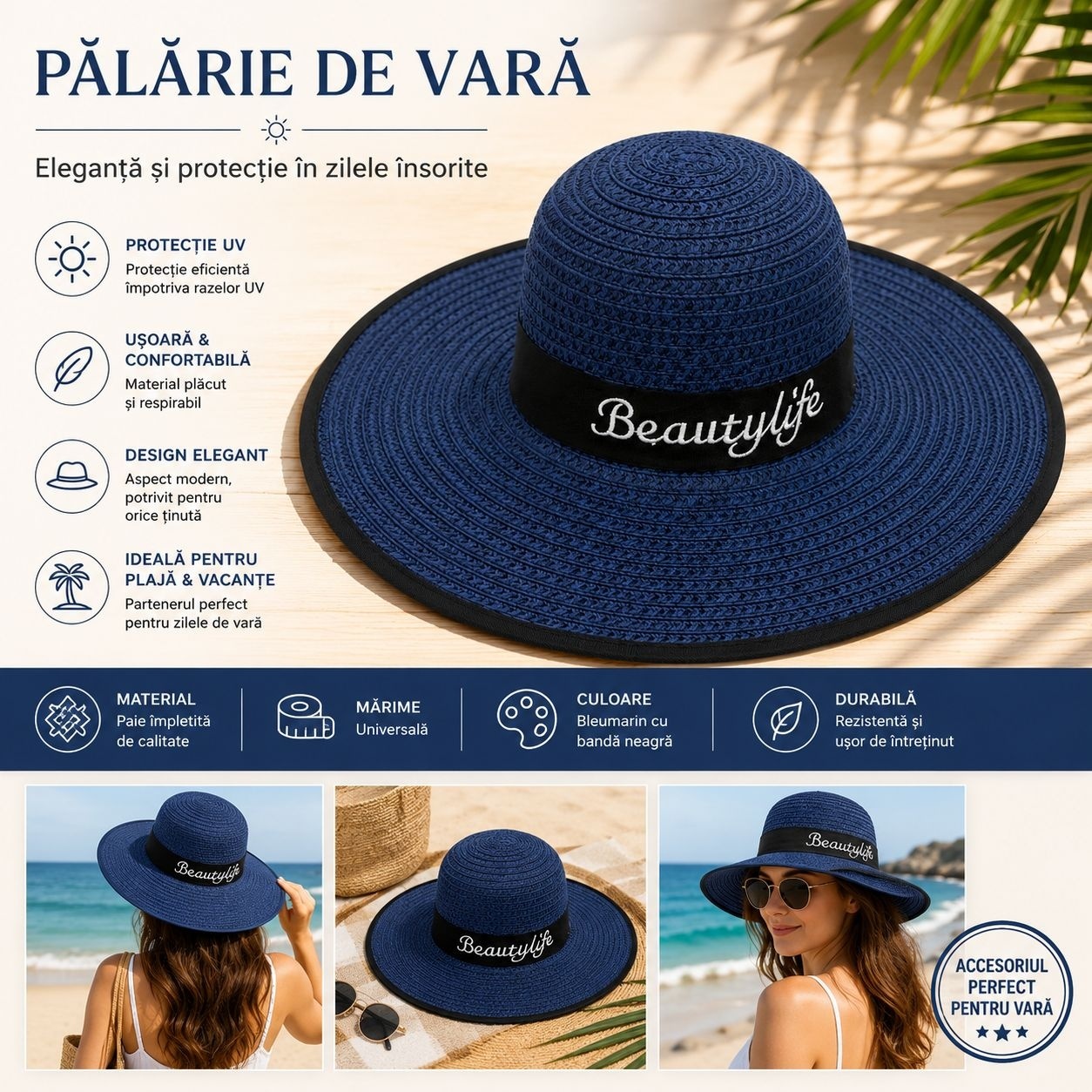 Palarie de vara dama bleumarin cu protectie UV si banda decorativa eleganta 2