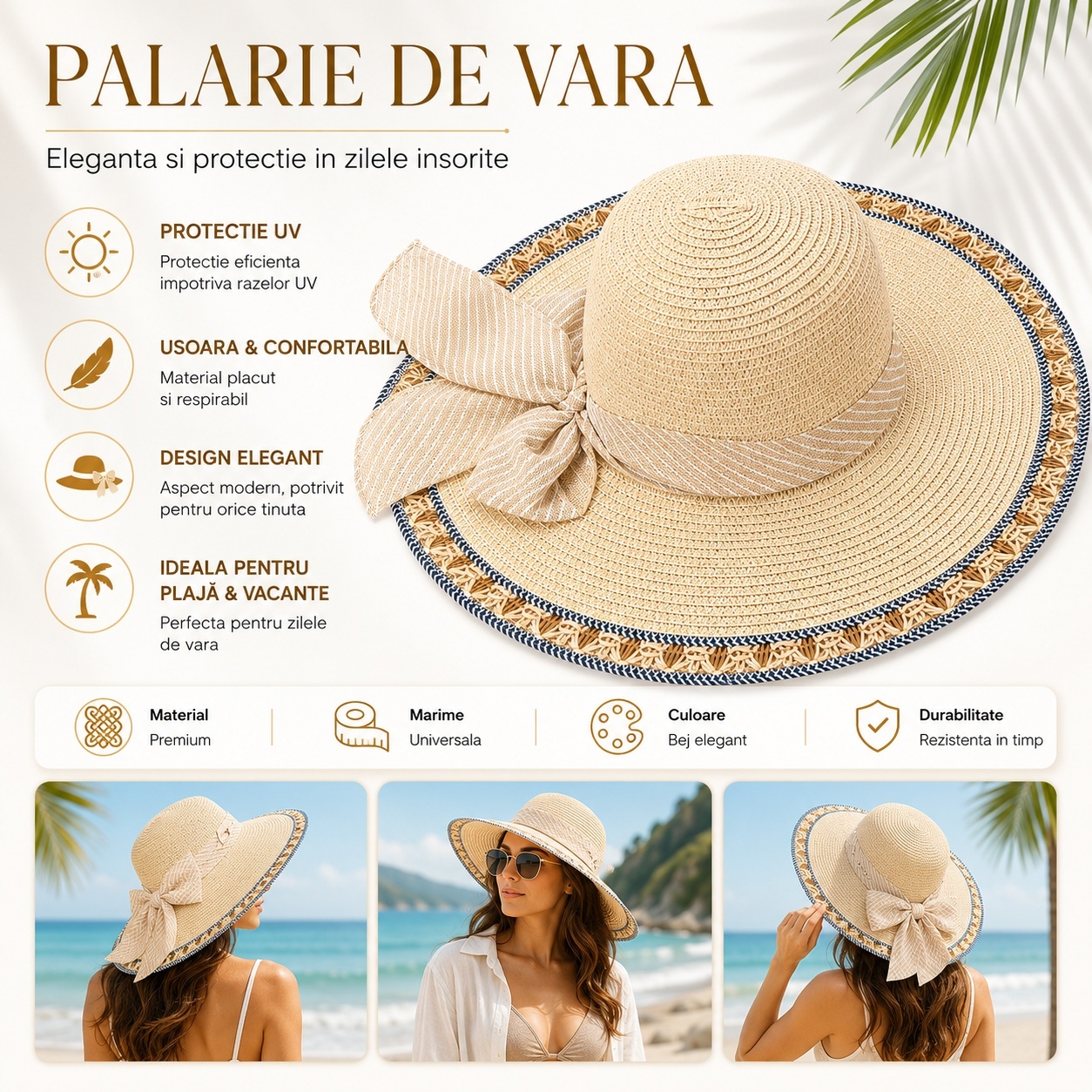 Palarie de vara eleganta bej cu funda decorativa pentru plaja si vacante 2