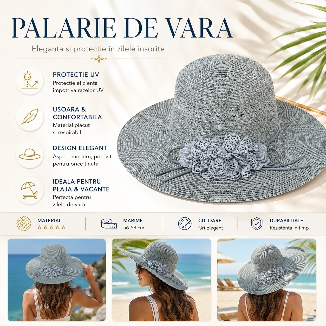 Palarie de Vara Eleganta pentru Femei, Gri Deschis cu Flori Decorative si Bor Lat 2