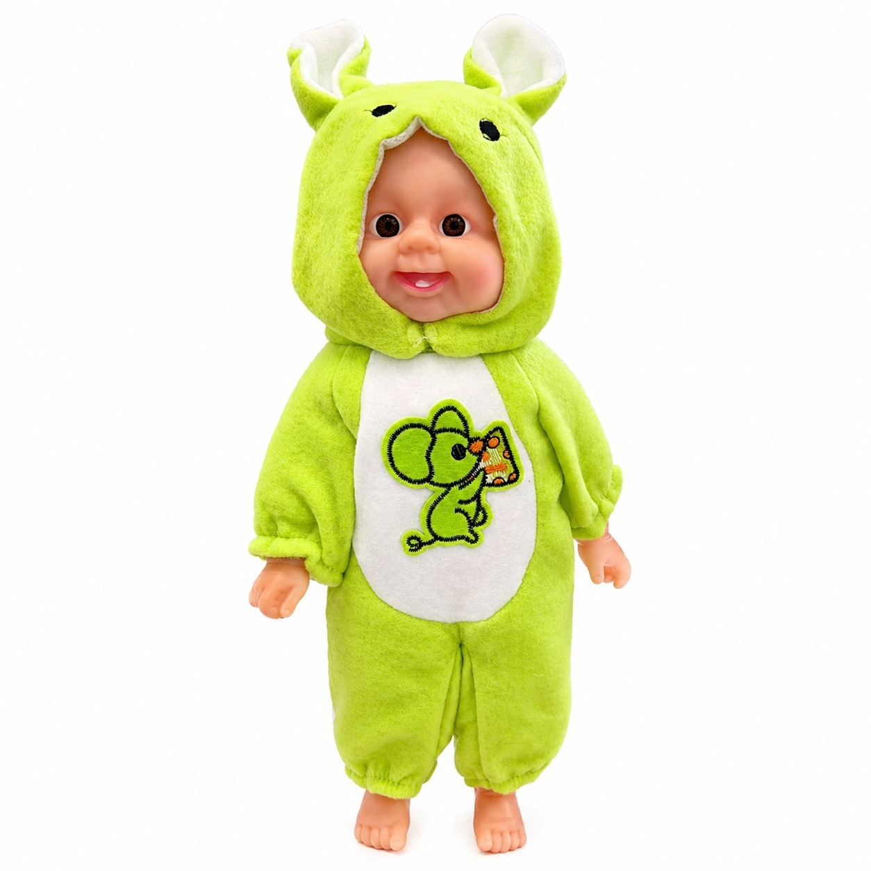 Papusa bebelus 35cm care rade, costum verde cu gluga, jucarie copii