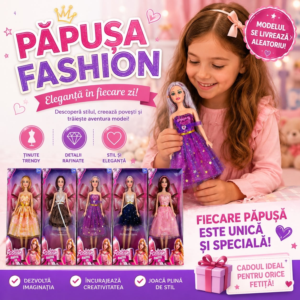 Păpușă Fashion Beautiful Girl pentru Fetițe 3+ – Model Aleatoriu, Rochie Elegantă de Prințesă 2