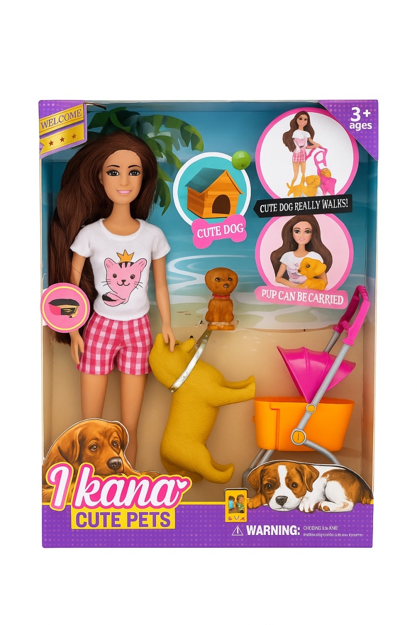 Papusa I Kana Cute Pets cu catel , carucior si accesorii, set joaca fete 3+, 32x22 cm