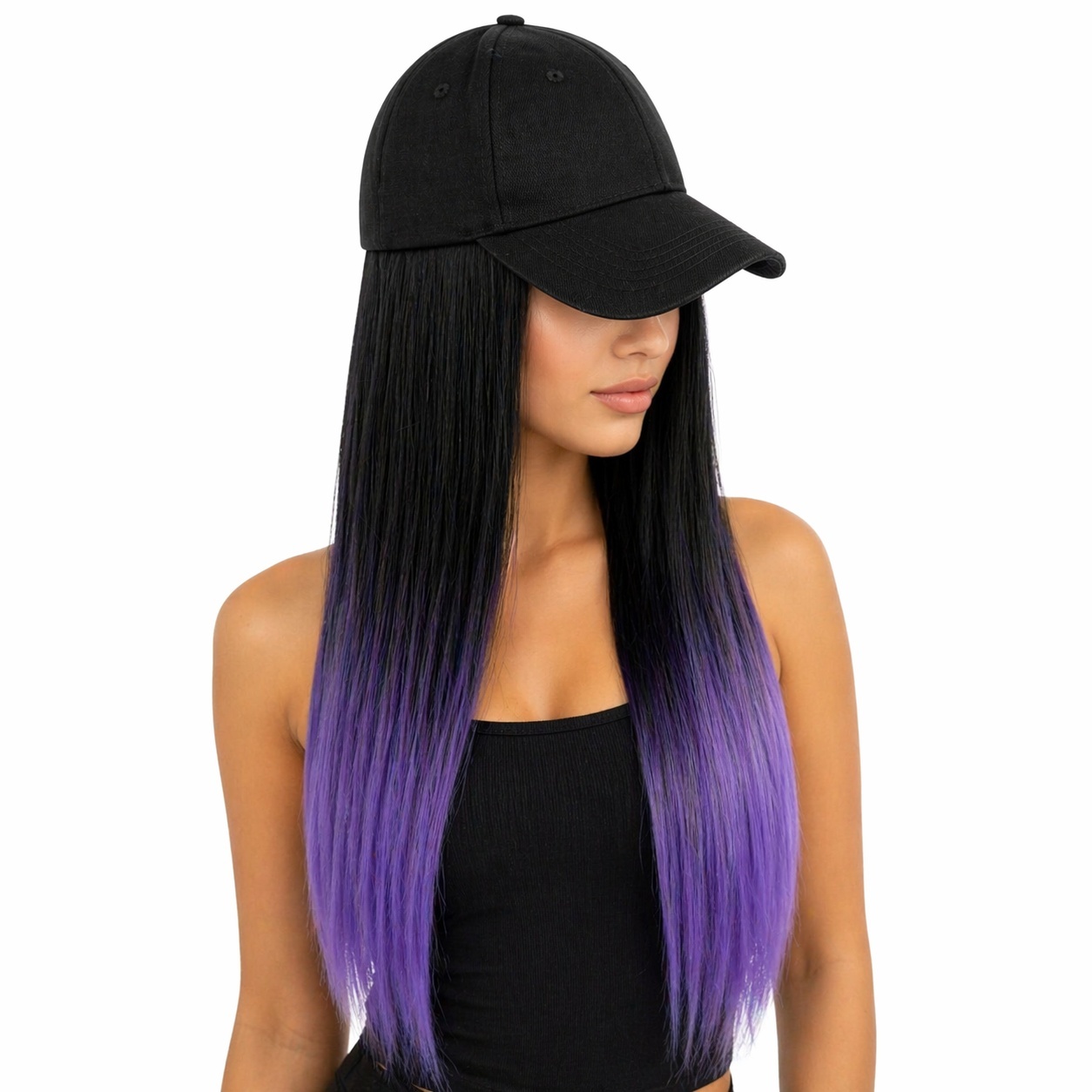 Peruca lunga dreapta negru cu ombre mov 50 cm cu sapca neagra 2