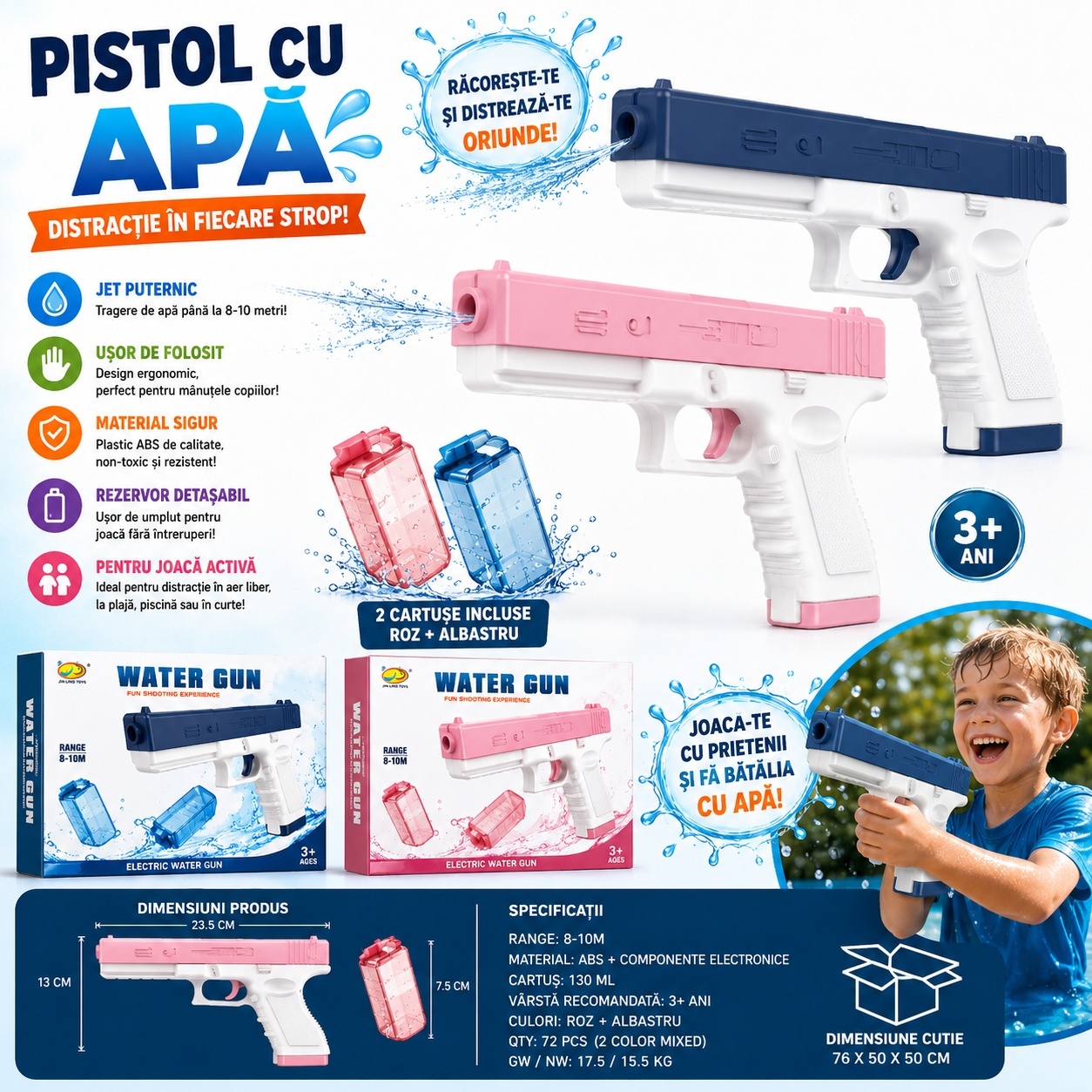 Pistol Electric cu Apa pentru Copii, 23.5 cm, Rezervor Detasabil, Model Aleatoriu