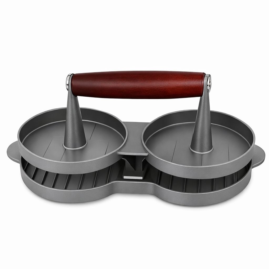 Presă dublă pentru burgeri din aluminiu cu mâner ergonomic din lemn