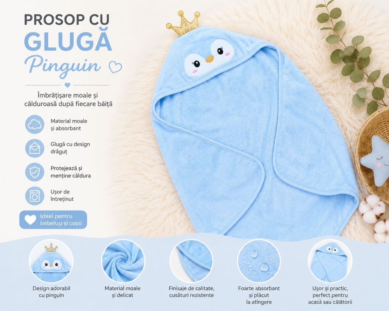 Prosop cu Glugă pentru Copii și Bebeluși Albastru – Model Pinguin, Moale și Absorbant 3