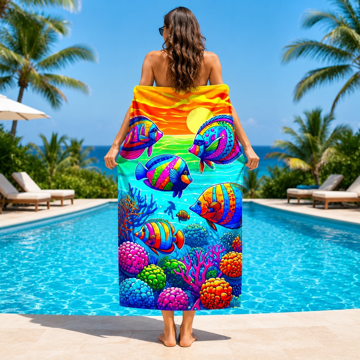 Prosop de plaja cu pesti tropicali multicolori Ocean Sunset, 70x140 cm