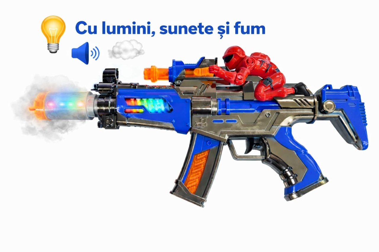 Pusca de jucarie cu lumini, sunete si efect de fum, model interactiv copii