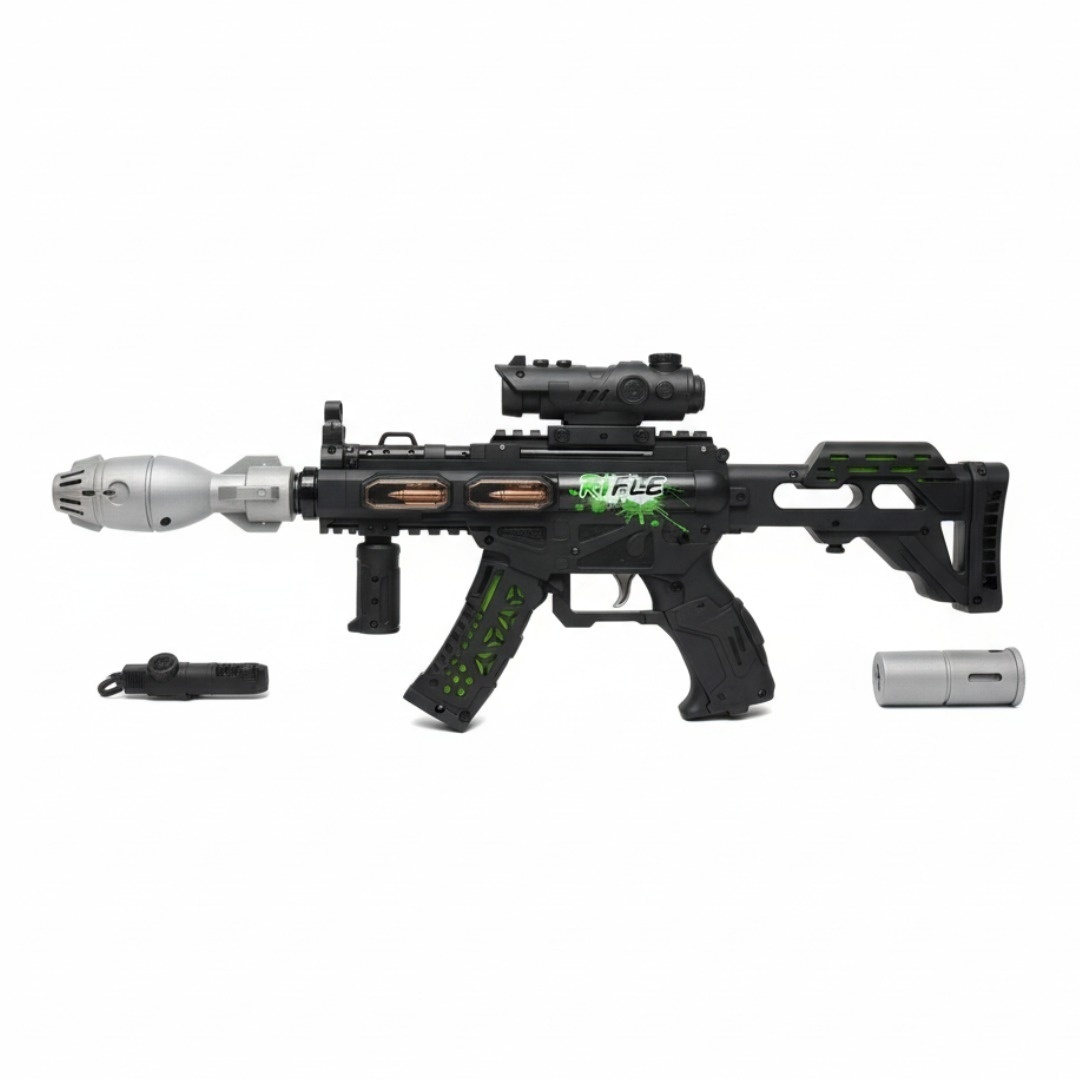 Pusca jucarie electrica cu luneta , 48 cm, negru cu verde, cu lumini, sunet si efect de abur 4