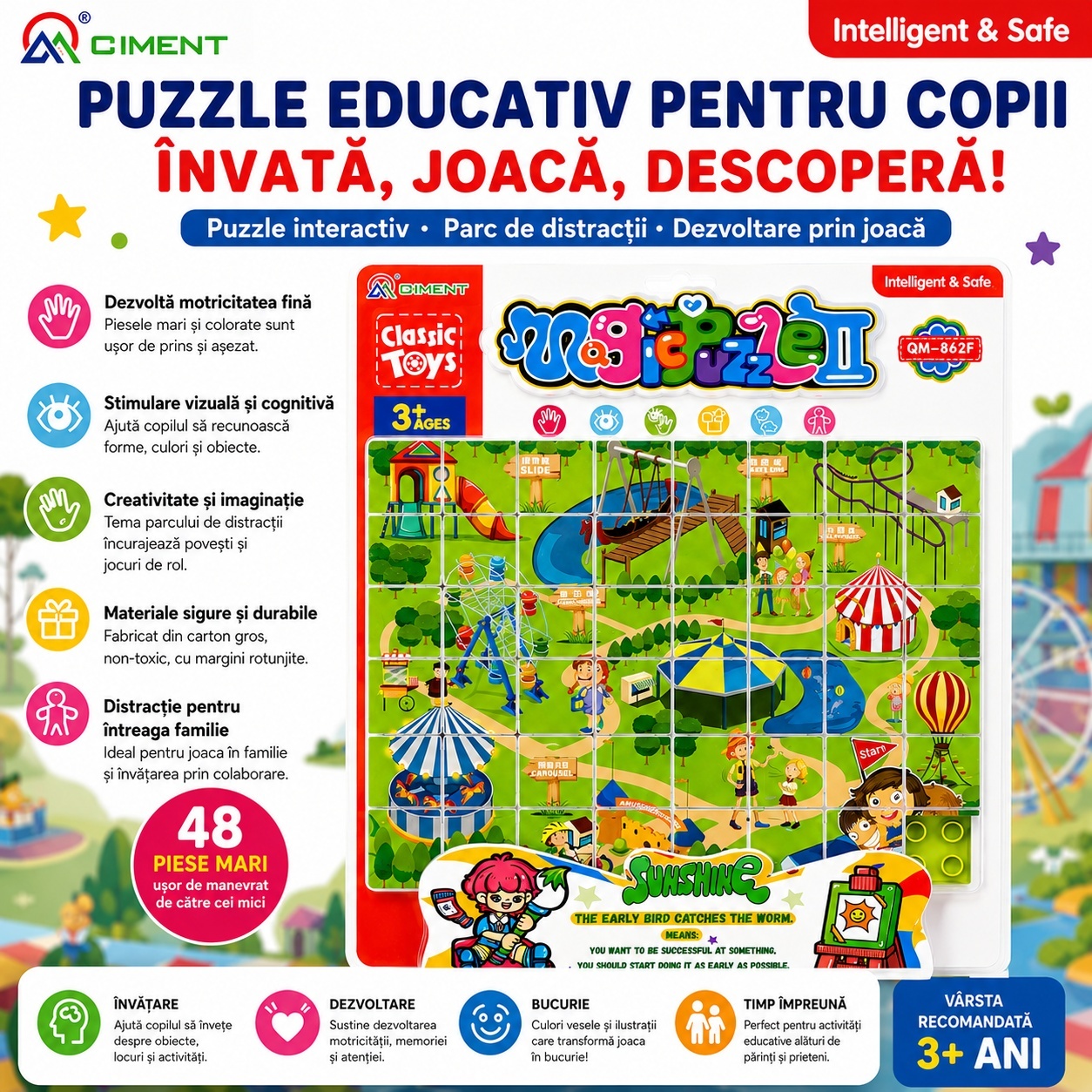 Puzzle Educativ pentru Copii 40x30 cm, Modele Diverse cu Animale și Cifre 2