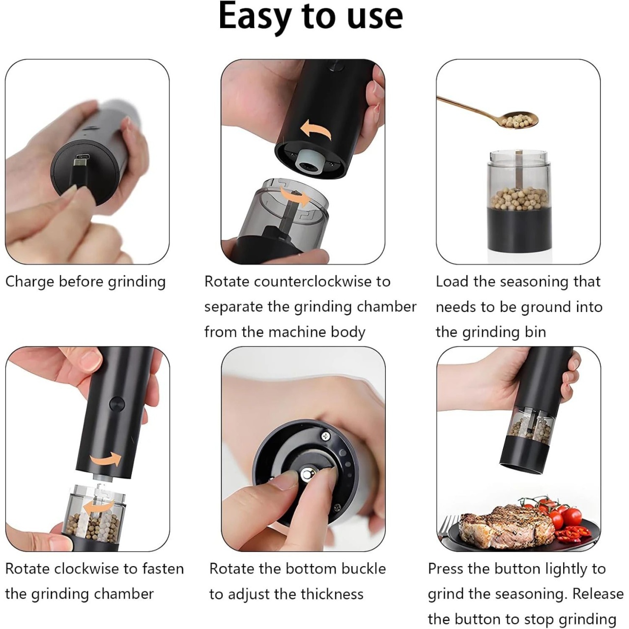 Râșniță electrică pentru sare și piper Jiji, din plastic, ajustare grosime, neagră 4