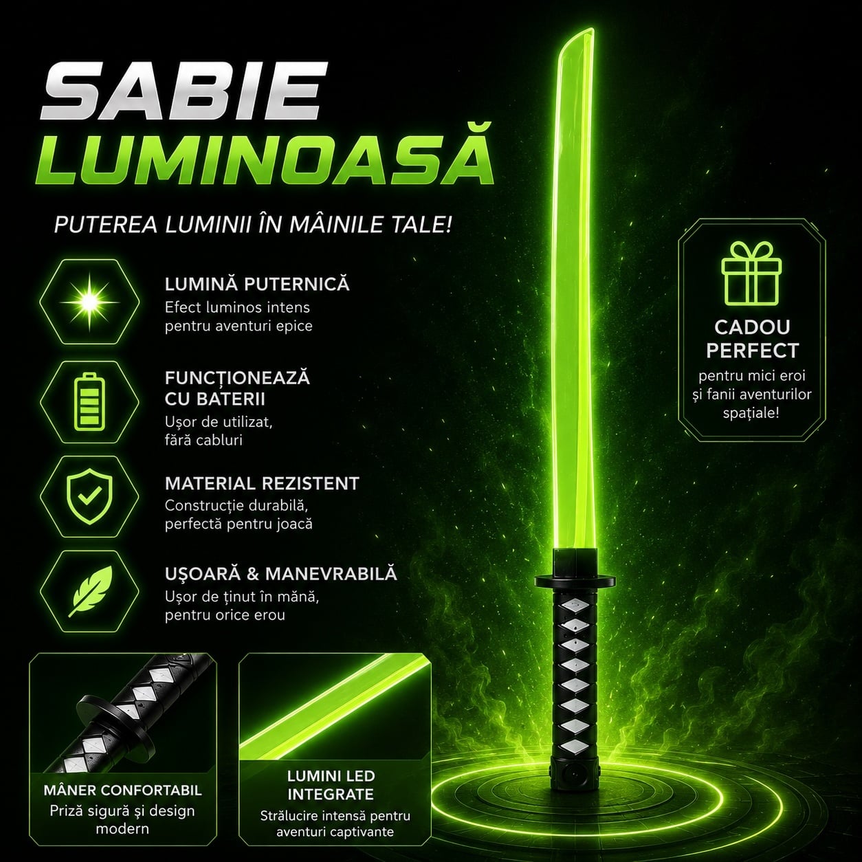 Sabie verde cu teacă și lumini LED, 67 cm – sabie de jucărie din plastic pentru copii