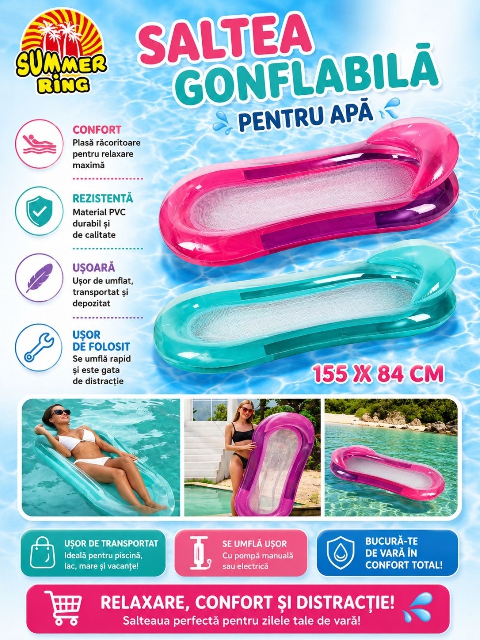 Saltea Gonflabila pentru Apa , Mov, 155x84cm , PVC Rezistent 2