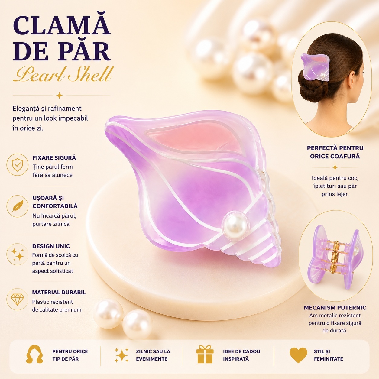 Set 12 Clești de Păr Model Scoici 7x5 cm – Clame Elegante cu Perlă și Design Oceanic 3