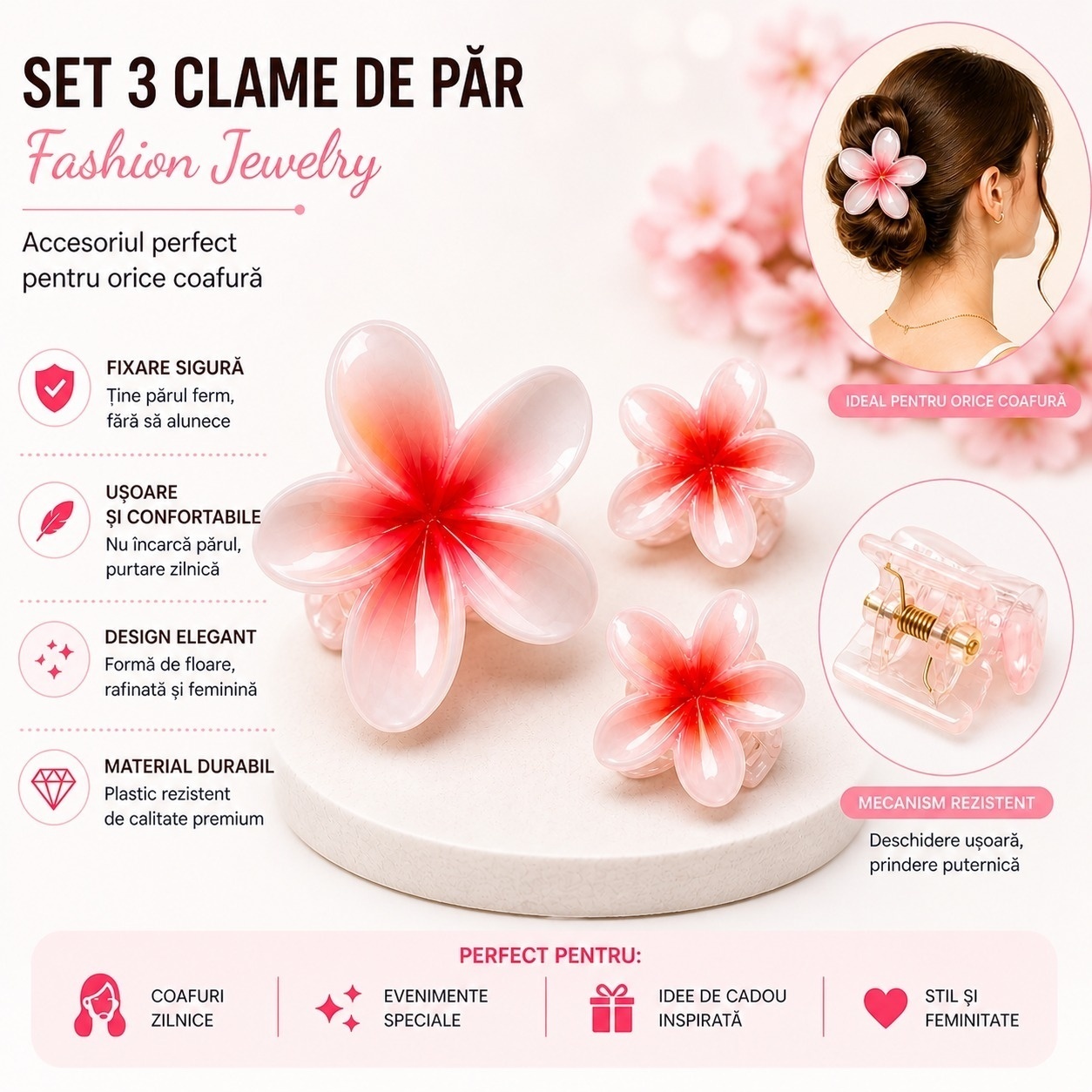 Set 12 Clești de Păr Trio în Formă de Floare – Clame Colorate 2