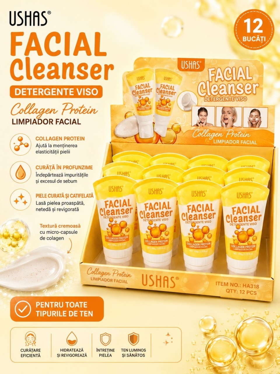 Set 12 Geluri de Curățare Facială USHAS cu Proteină de Colagen – Cleanser pentru Față, Curățare și Hidratare 2