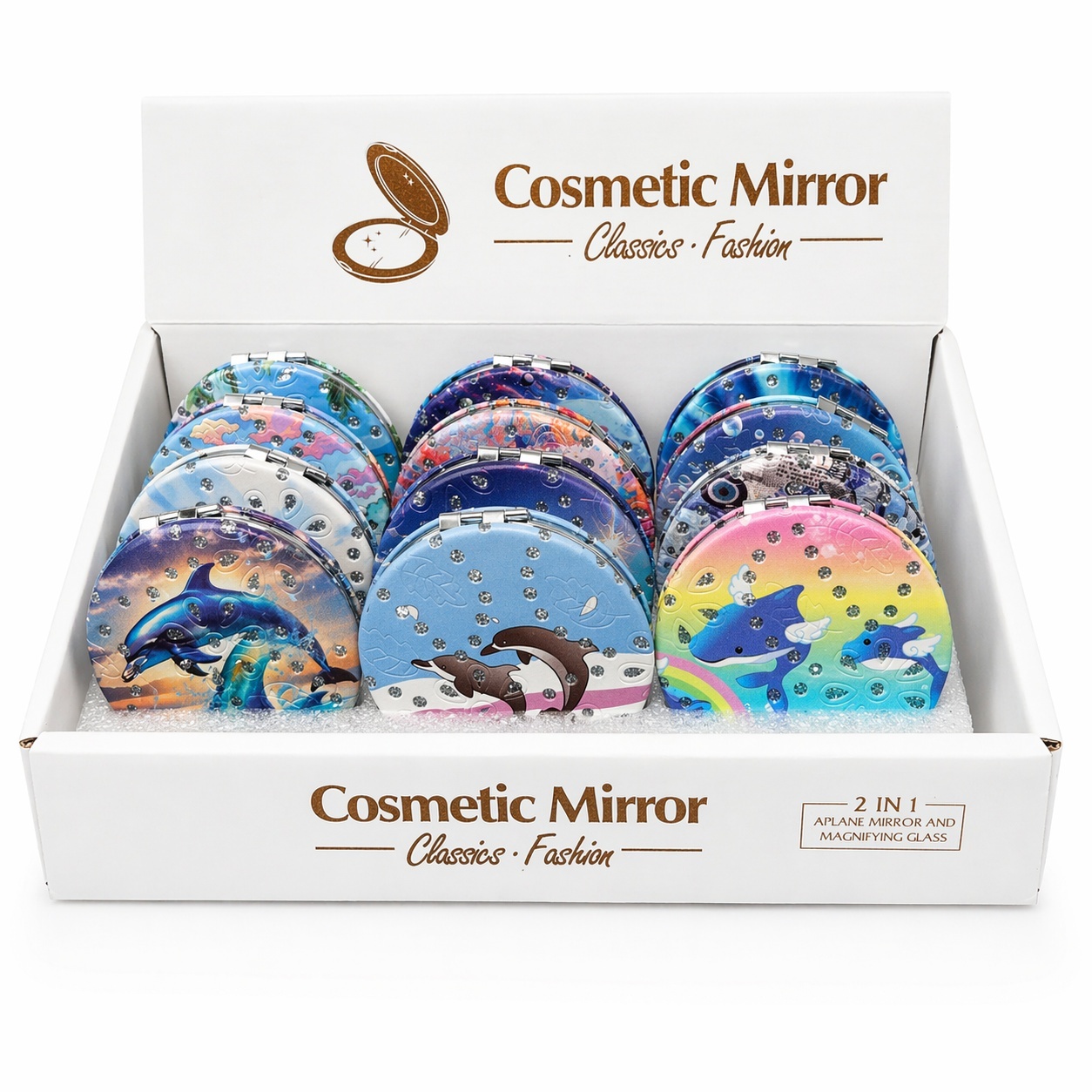 Set 12 oglinzi cosmetice rotunde cu delfini, 7cm, modele colorate, compacte