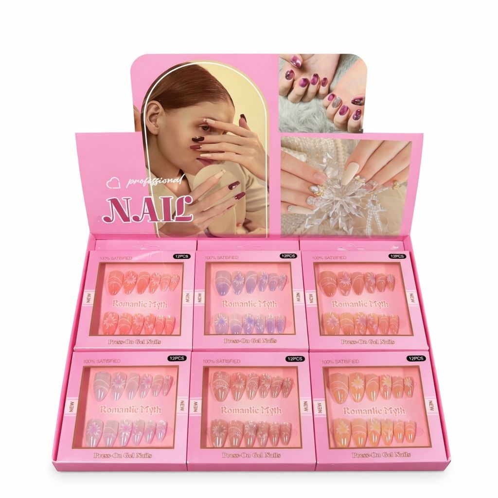 Set 12 perechi unghii false autoadezive tip Press On, cu design floral, culori pastelate