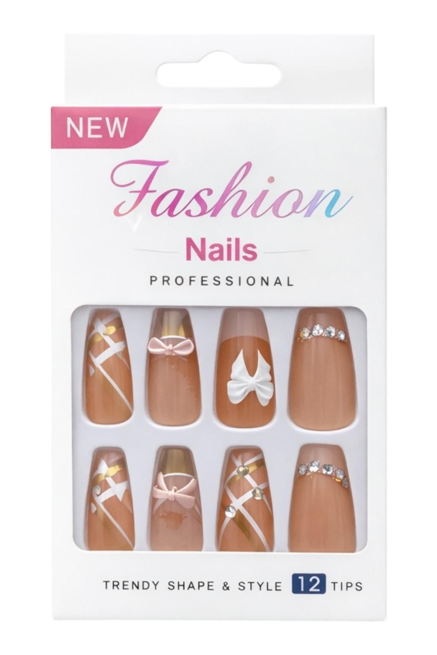 Set 12 perechi unghii false tip Press-On cu decor fundita si cristale 3