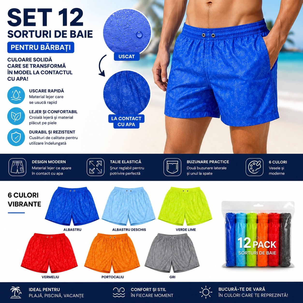 Set 12 Sorturi de Baie Bărbați cu Model Scoici Activat la Contactul cu Apa – Culori și Mărimi Asortate Incluse 3
