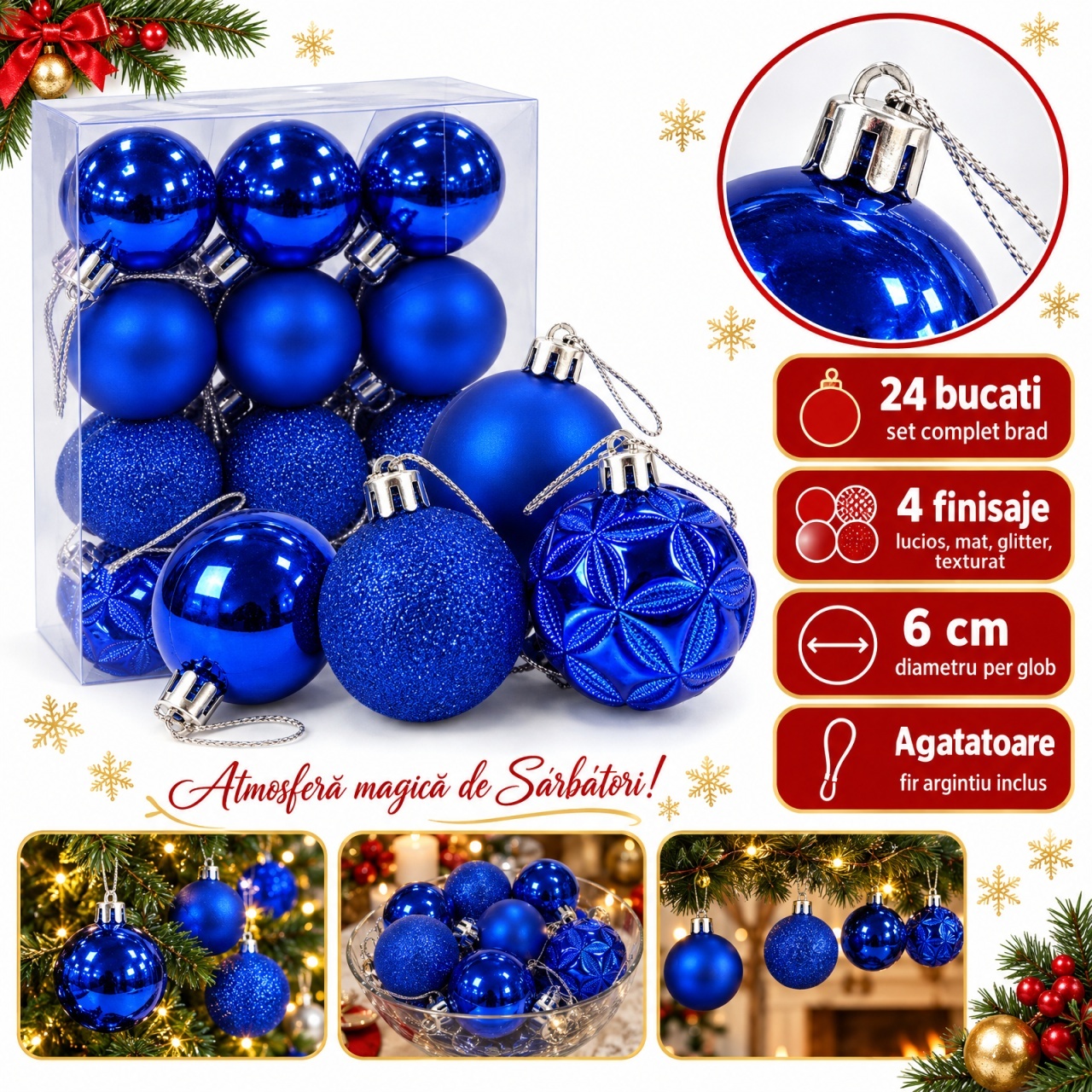 Set 24 globuri de Craciun, albastru intens, modele combinate, 6 cm