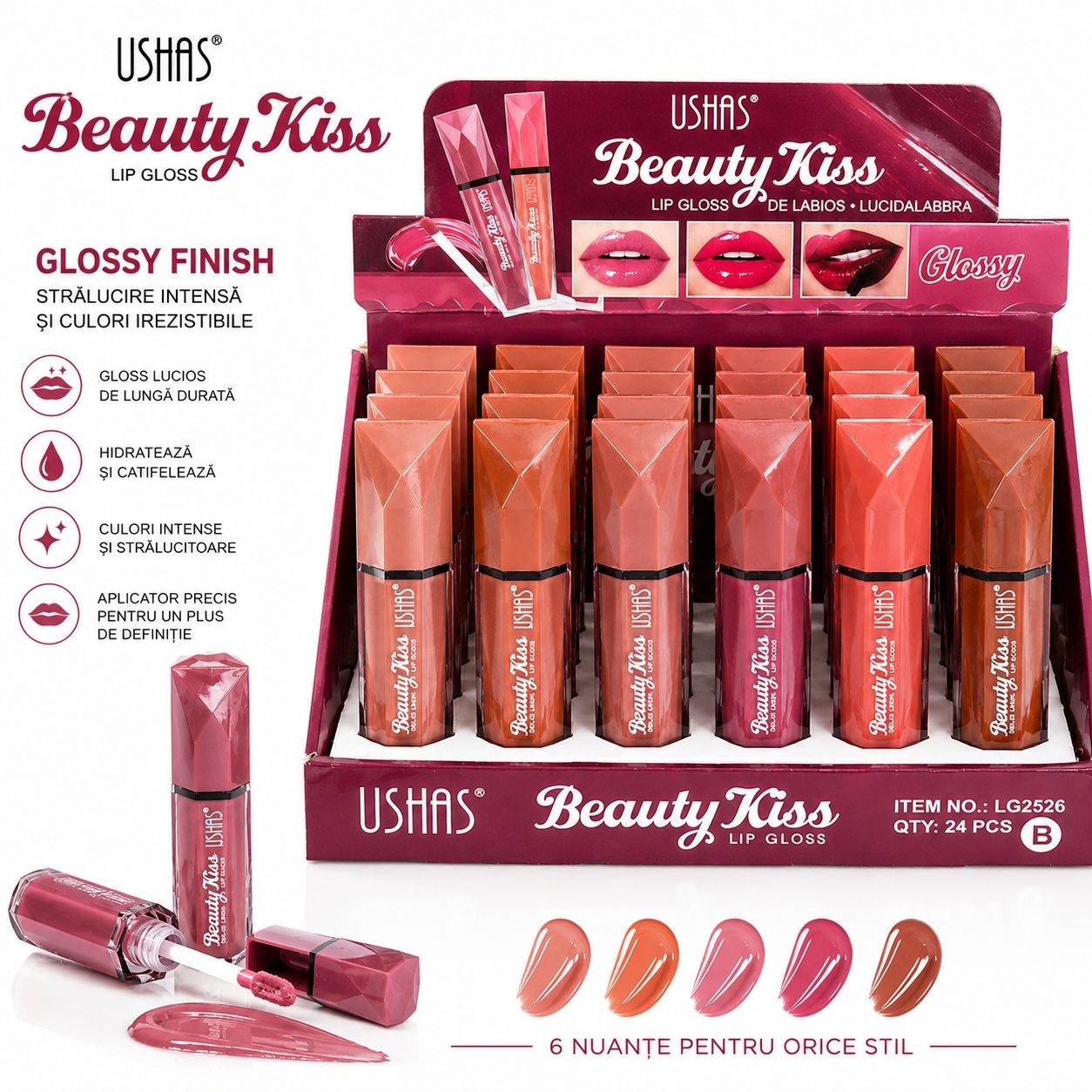Set 24 Lip Gloss USHAS Beauty Kiss – Luciu Intens, Culori Naturale și Hidratare pentru Buze 2