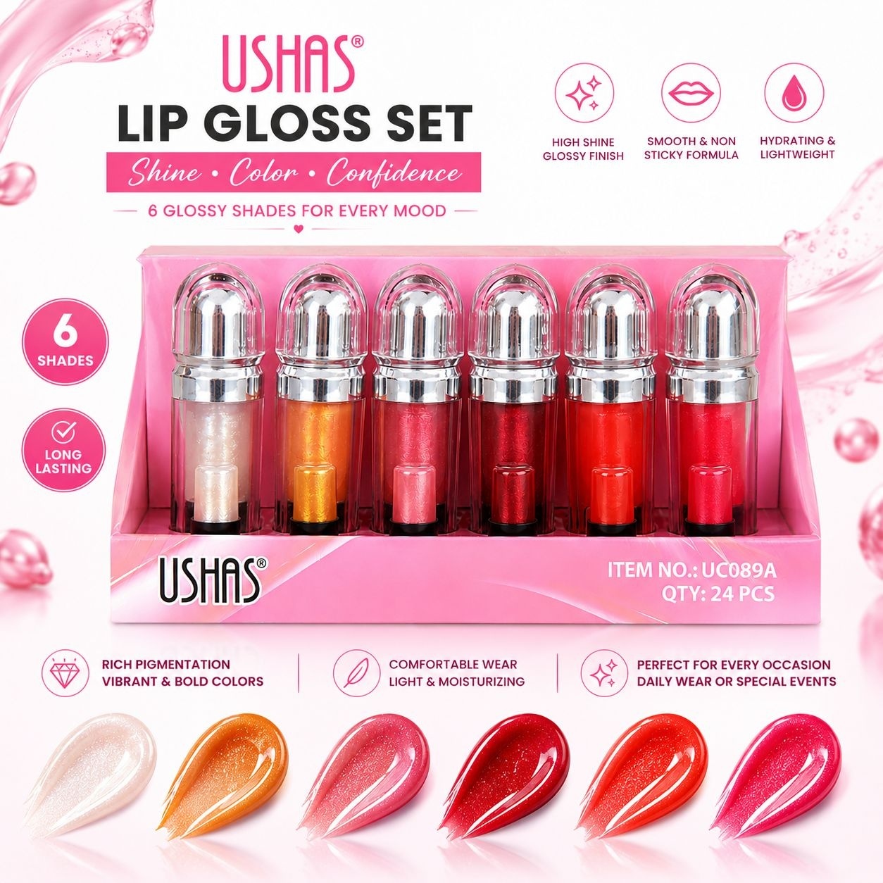 Set 24 Luciuri de Buze USHAS Lip Gloss Set – 6 Nuanțe Strălucitoare, Hidratare și Efect Glossy 2