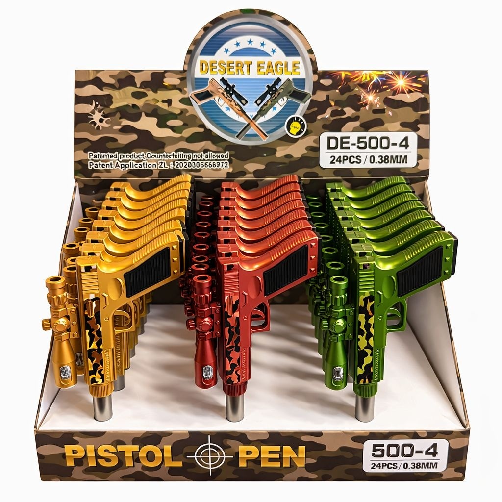 Set 24 pixuri cu pastă model pistol cu lunetă, design metalic decorativ, cu lumina led 2