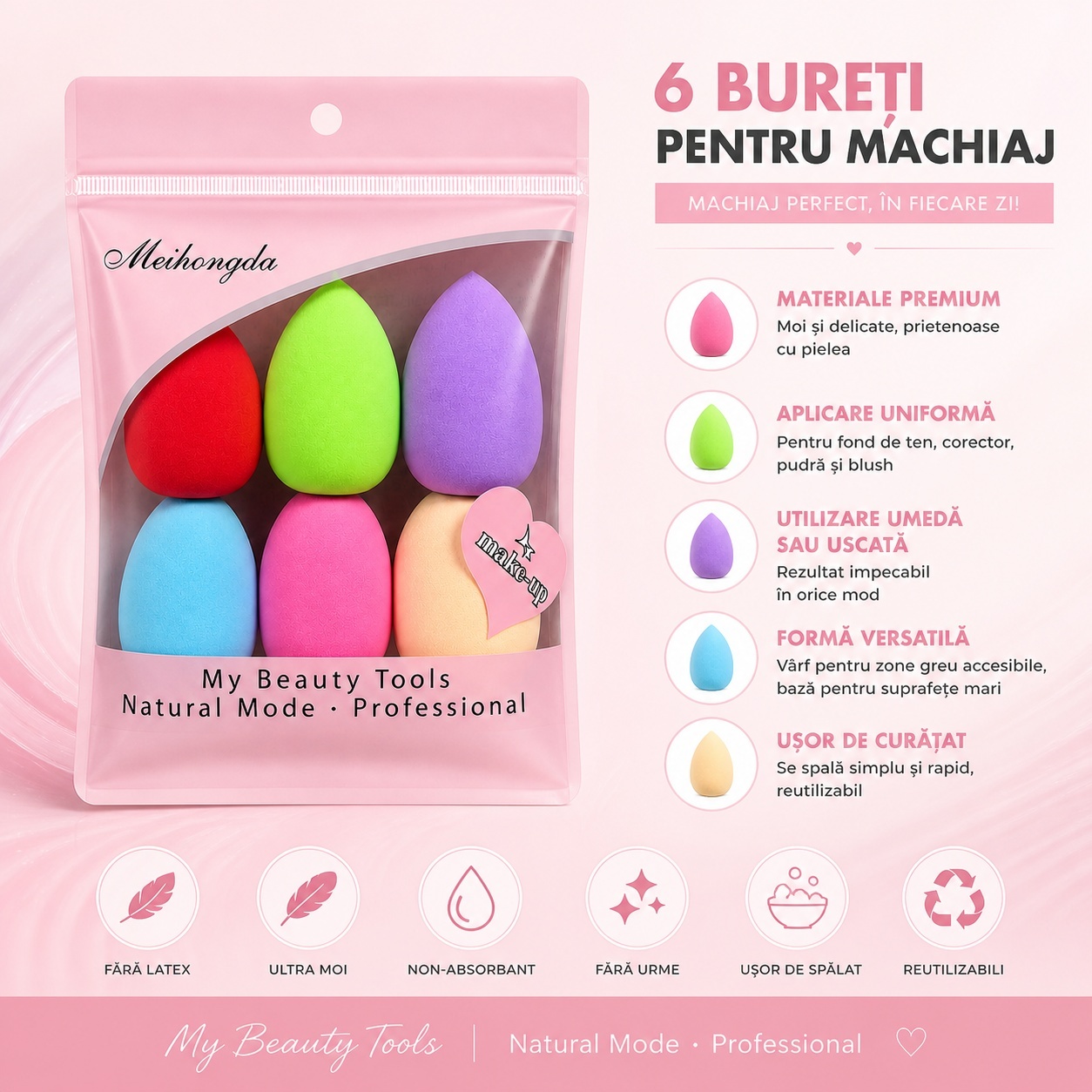 Set 6 Bureței pentru Machiaj Multicolor, tip lacrima – Ultra Moi și Reutilizabili 2