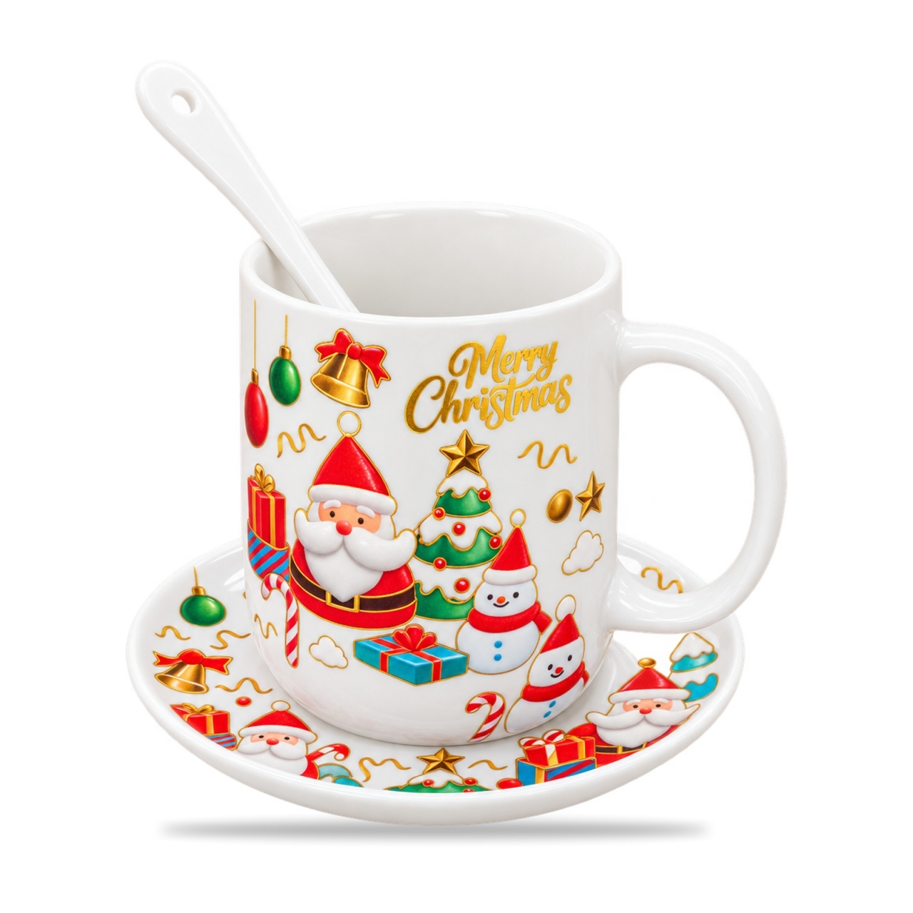Set cana ceramica cu lingurita si farfurie, model Mos Craciun, Merry Christmas, 16x18cm